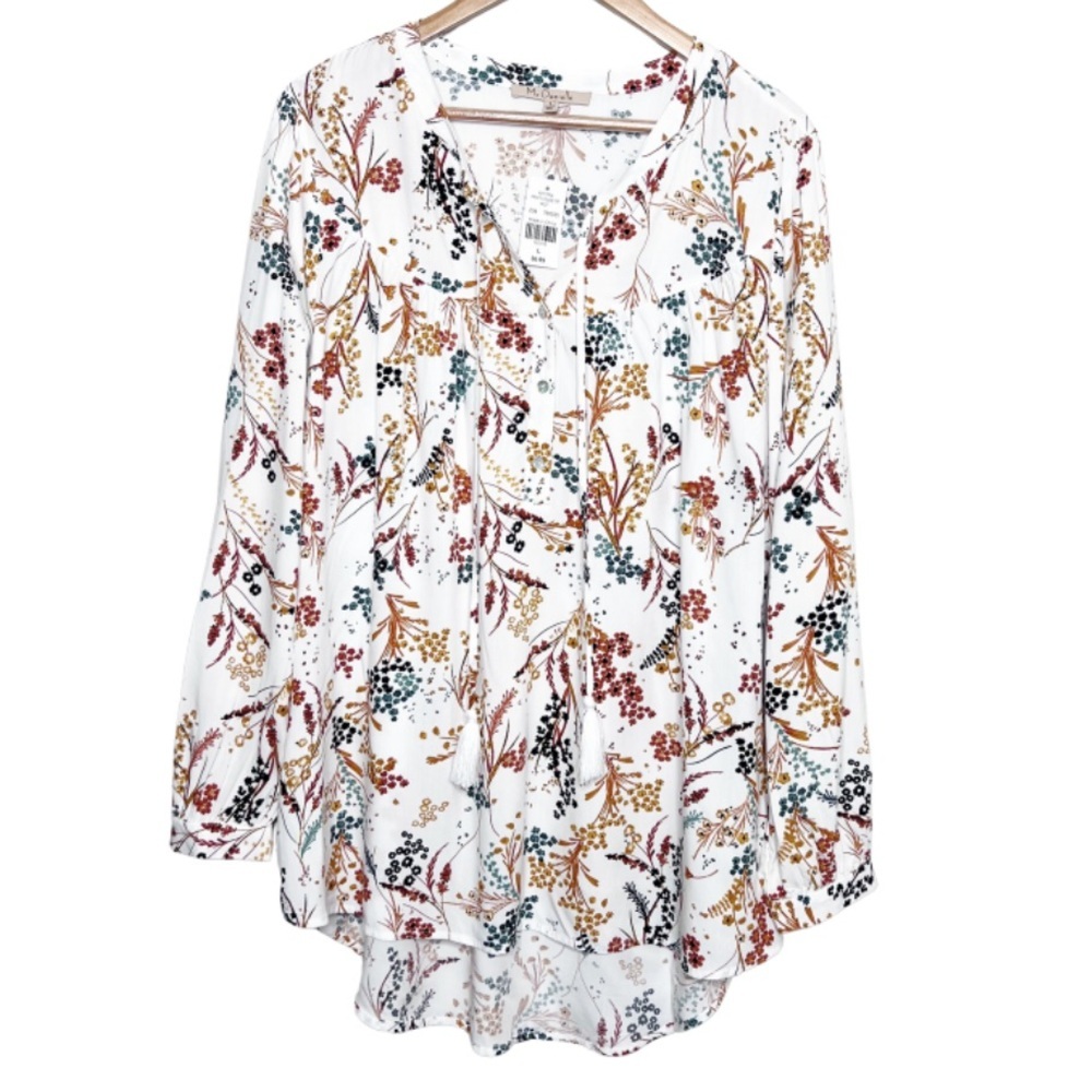 NWT‎ My Danielle Floral Print V Neck Tassel Tunic Top White Multi Color Women L
